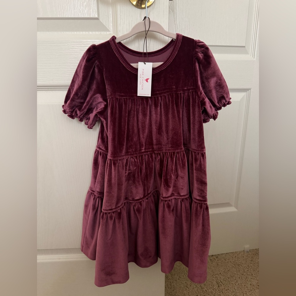Pink chicken girls dress in violet suede